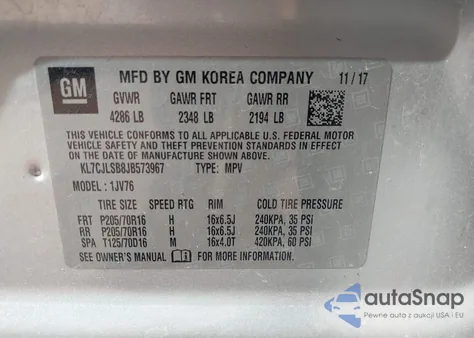 2018 Chevrolet Trax Lt из США, поврежденный, VIN KL7CJLSB8JB573967